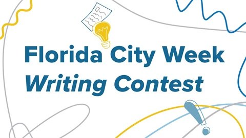 Promotional graphic reading Florida City Week Writing Contest with lightbulb and notepad icons.