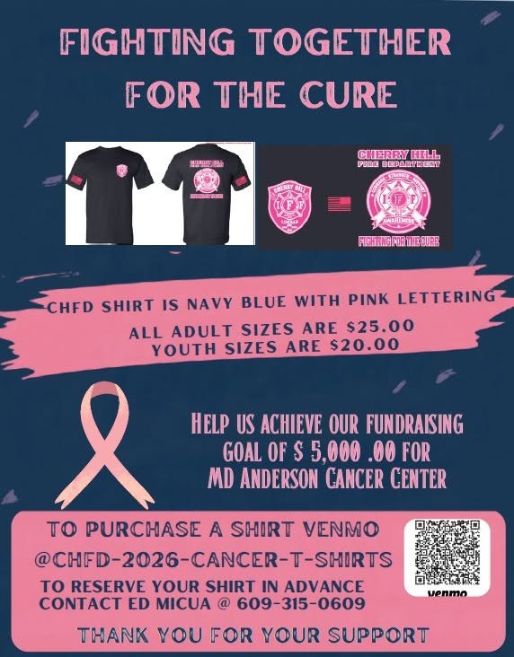 Promotional flyer showing a navy blue T-shirt with pink lettering and a pink ribbon graphic.
