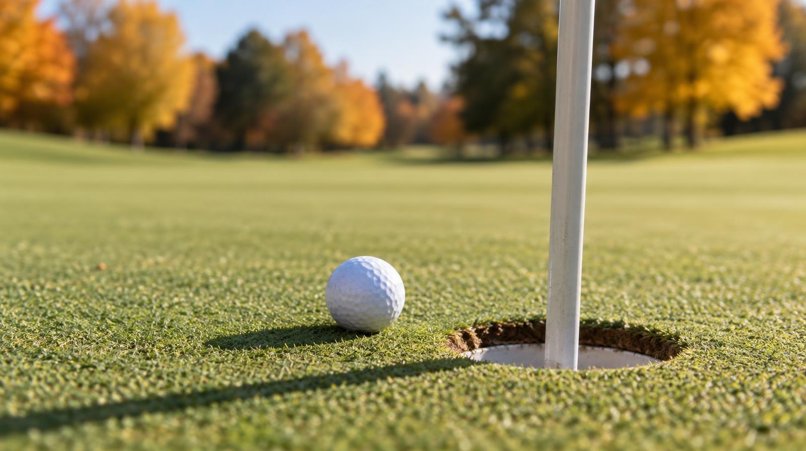 Golf ball on a putting green near the cup with a flagstick shadow.