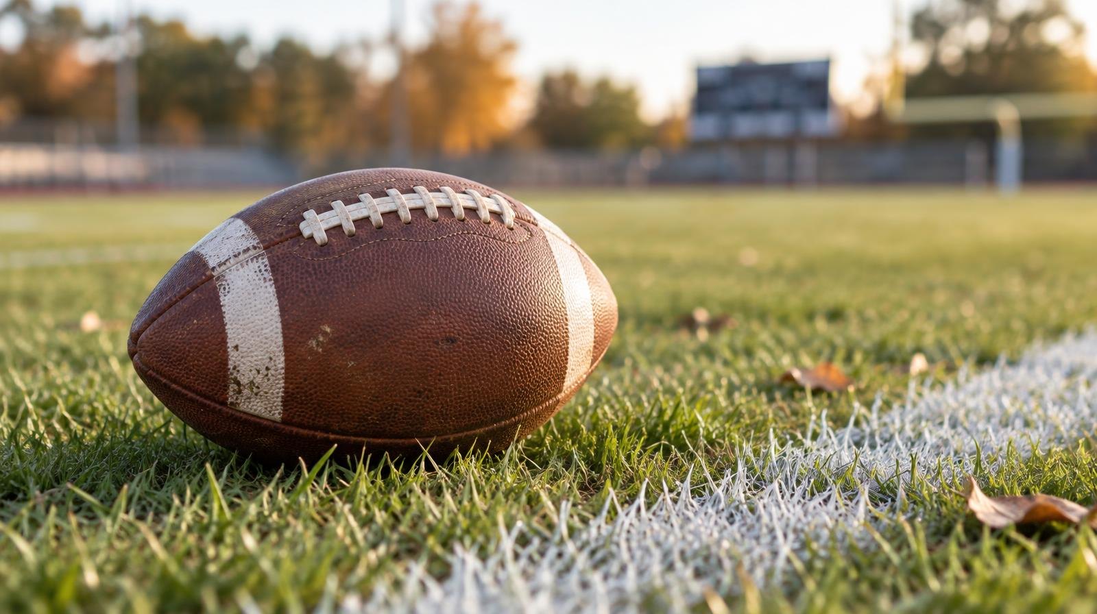 An American football resting on green grass beside a white yard line.