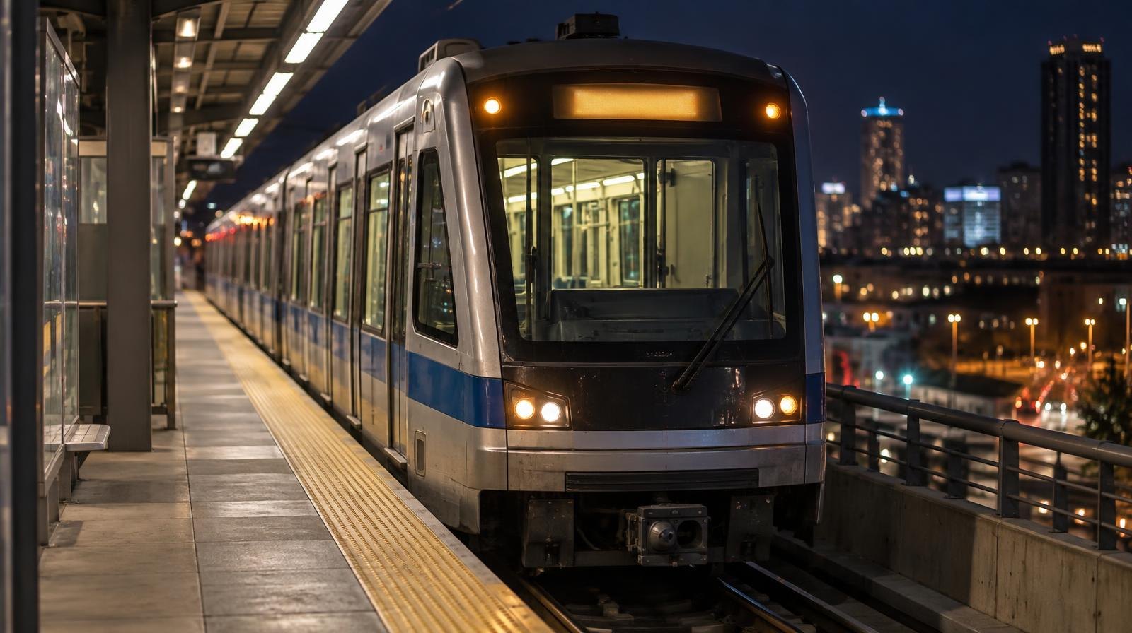 A light rail train stopped on elevated tracks at night with glowing interior lights and an empty platform.