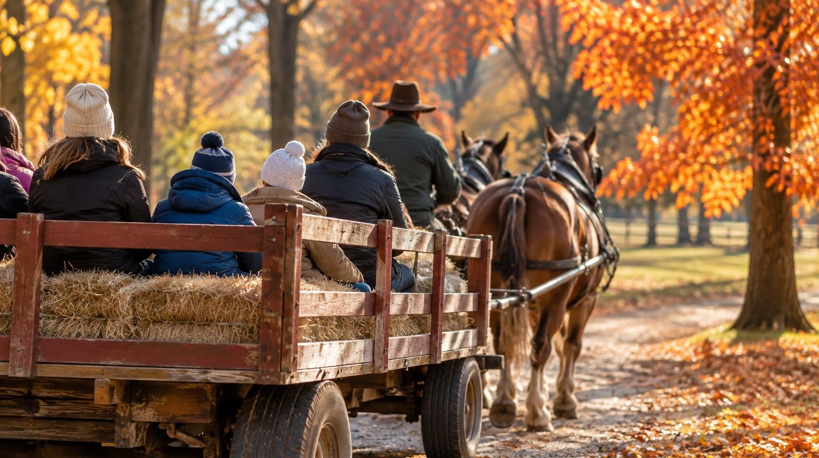 Hay-filled wagon moving through a park lined with orange and red autumn trees.