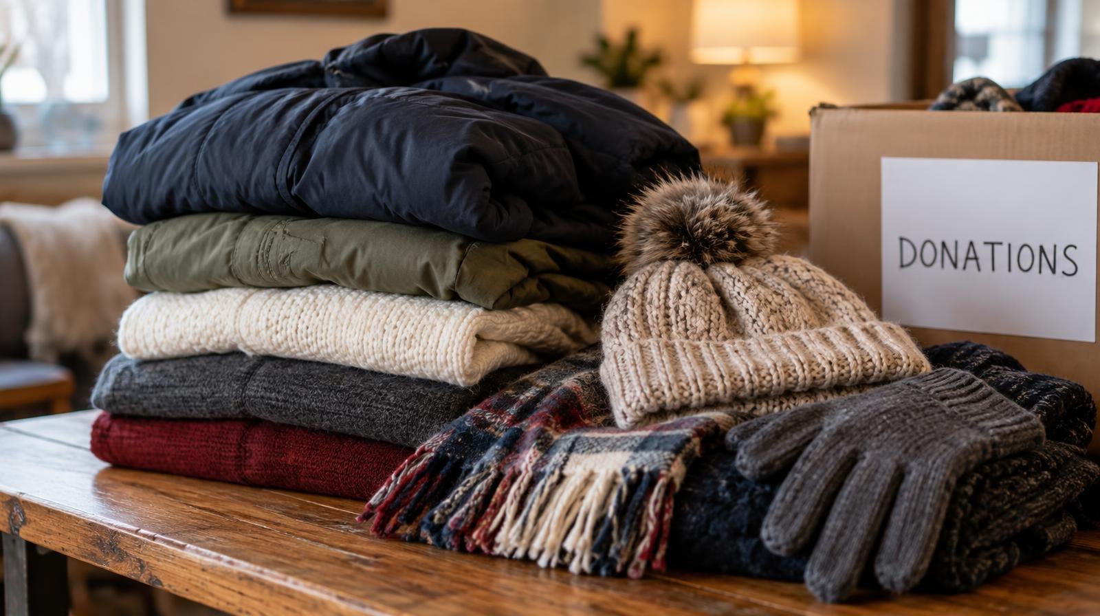 Folded winter coats, scarves, hats, and gloves stacked on a wooden surface.