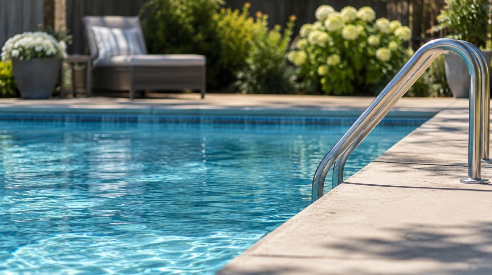 Rectangular in-ground swimming pool with blue water and concrete surround.