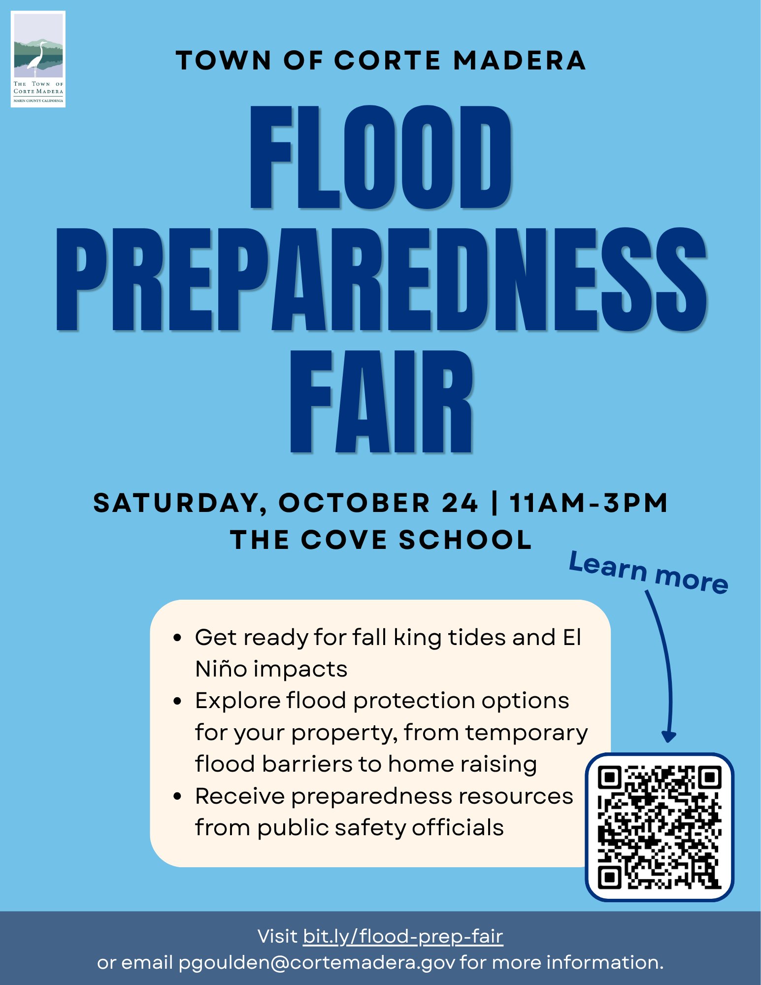 Light-blue promotional flyer listing details for a flood preparedness fair event.