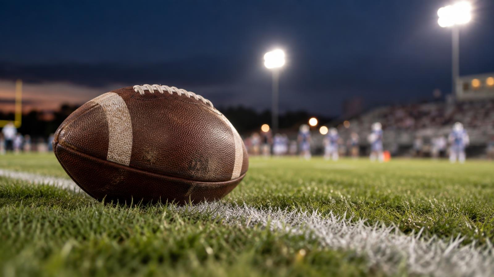 An American football resting on green grass near a white yard line under stadium lights.