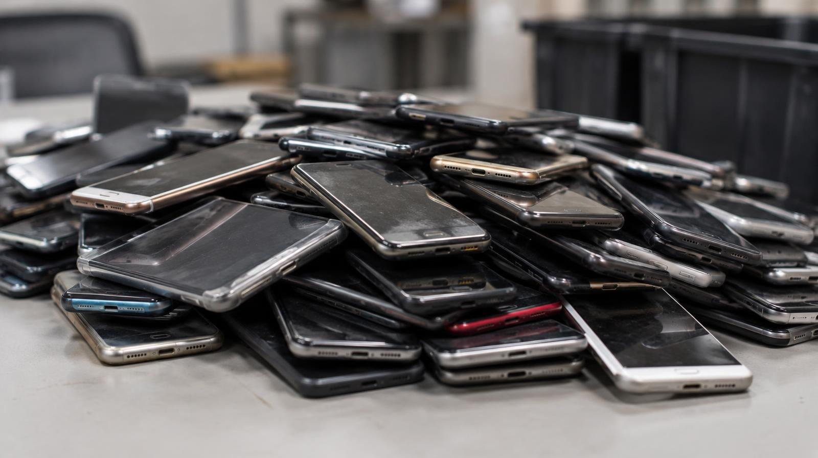 A large pile of smartphones stacked together on a flat surface.