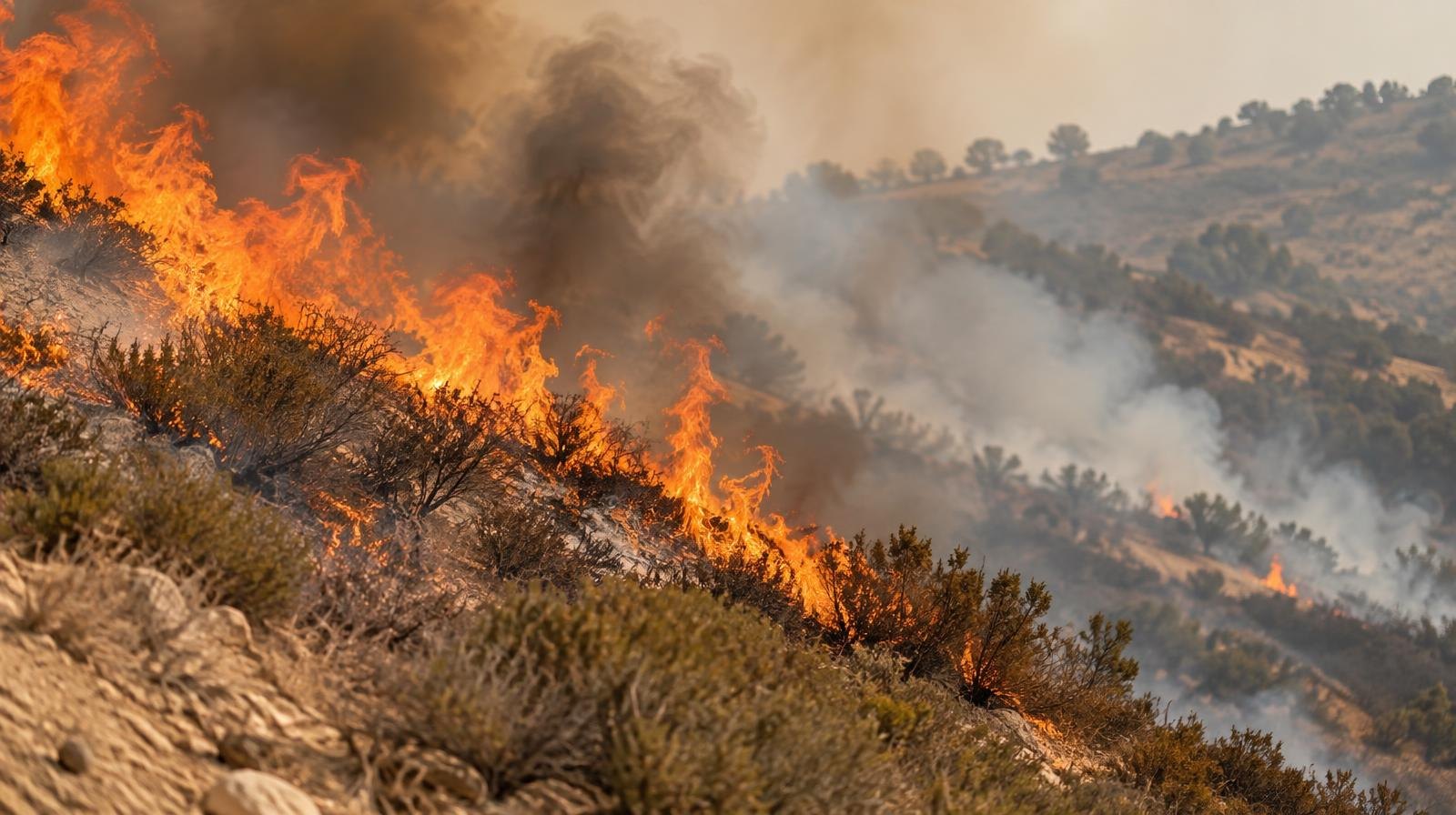 Orange flames and thick smoke rise from a dry chaparral hillside.