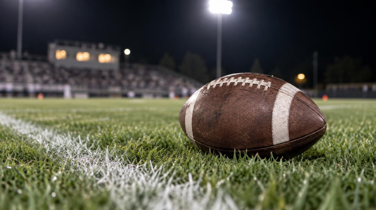 An American football resting on green grass beside a white painted yard line at night.