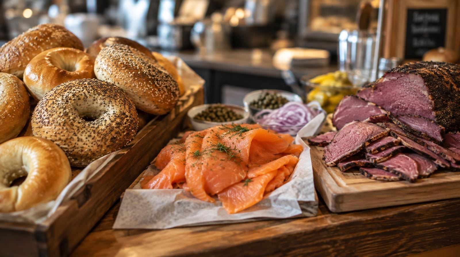 Wooden deli counter with fresh bagels, smoked lox, and sliced pastrami.