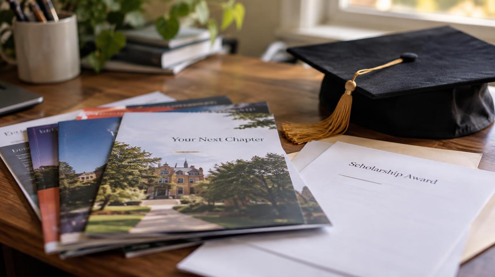 College brochures fanned out on a desk beside a graduation cap.