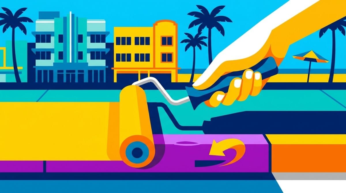 Illustration of a paint roller applying yellow paint over a purple curb with Art Deco buildings behind.