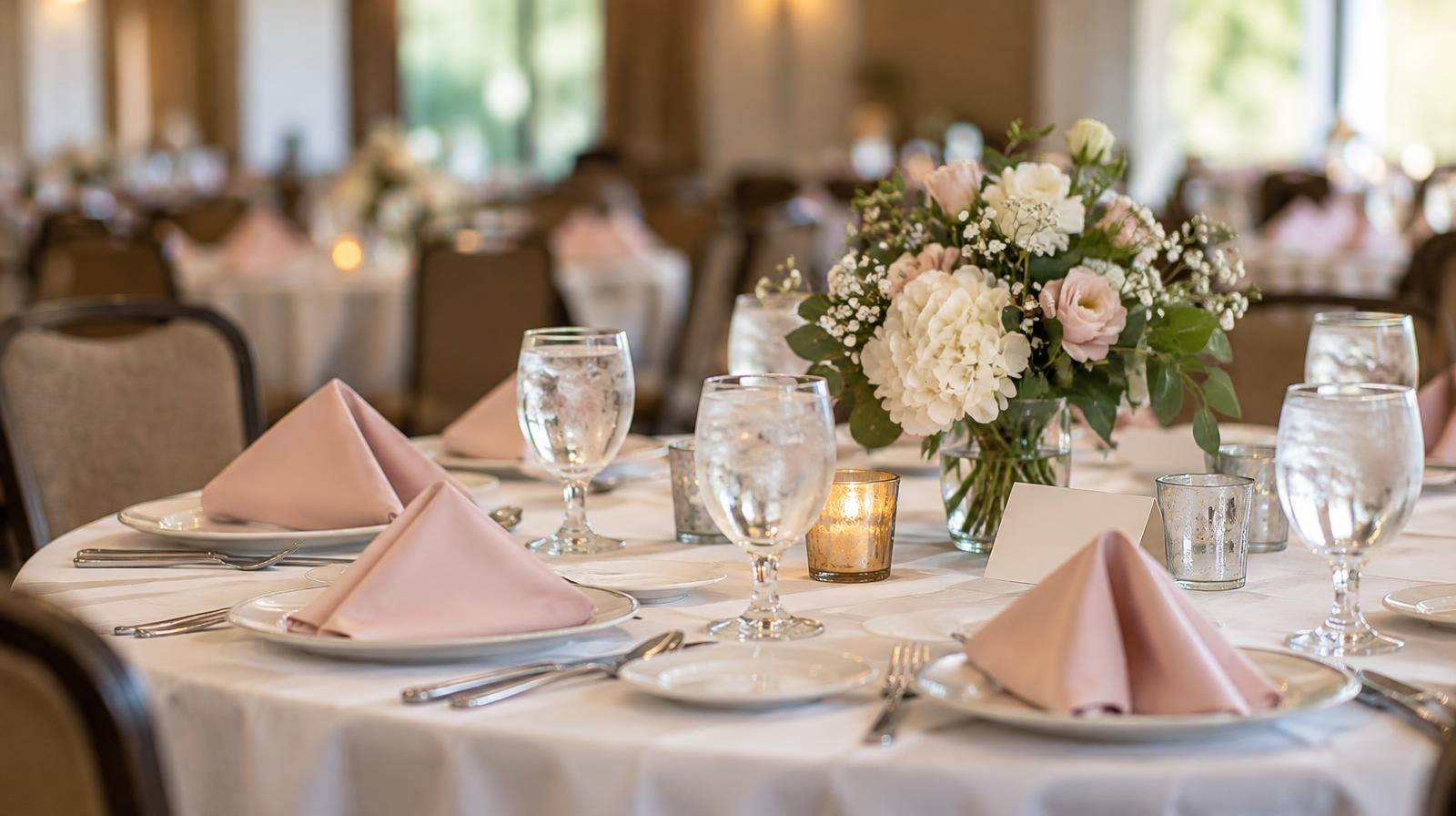 Round banquet table set with plates, glasses, and folded napkins in an event hall.