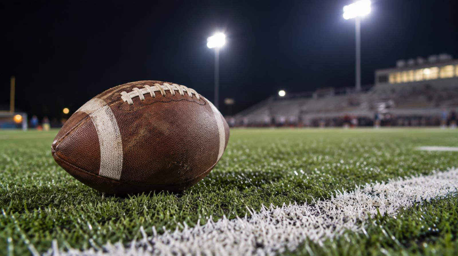 A football on green artificial turf near a white yard line under bright stadium lights.