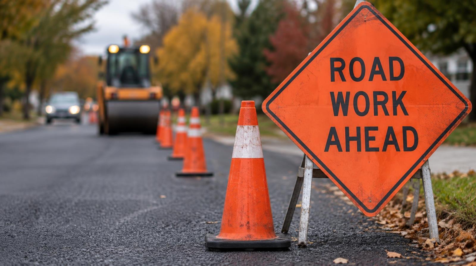 Orange traffic cones along a newly paved tree-lined suburban road.