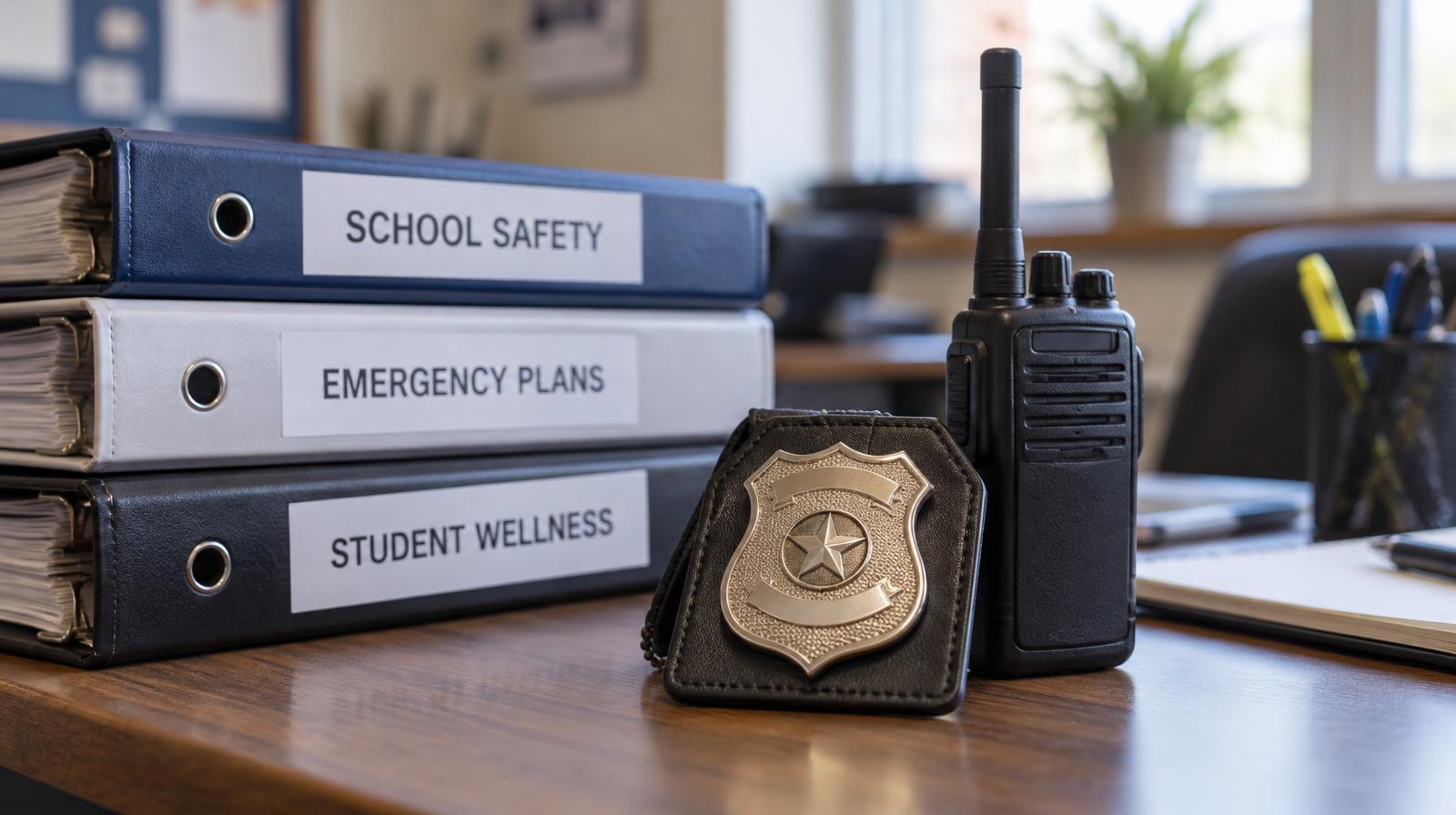 A police badge and radio on a desk next to stacked safety binders.