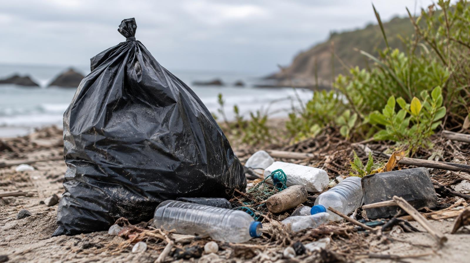 A filled black trash bag beside collected litter on a sandy shoreline with coastal vegetation.