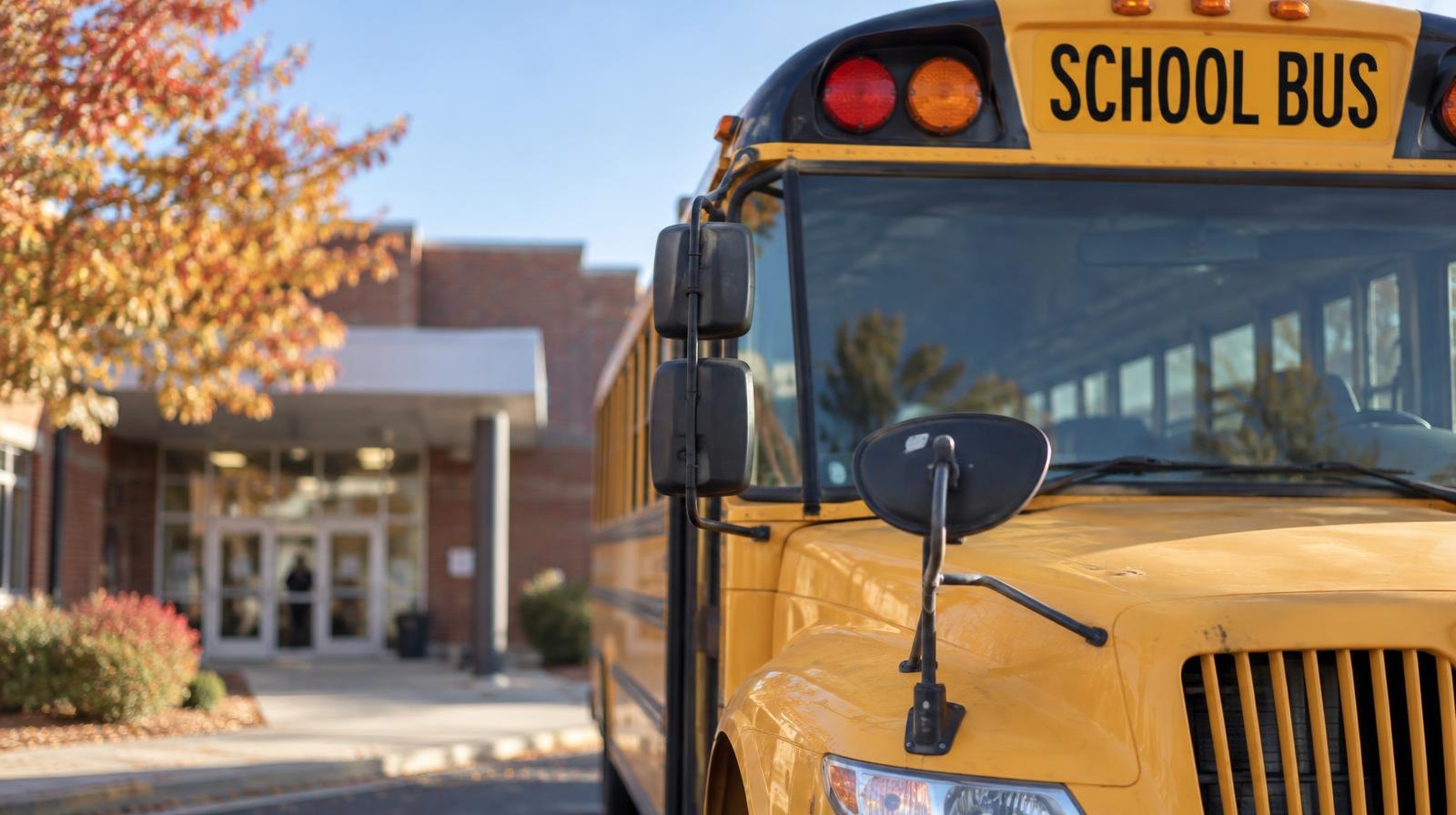Yellow school bus parked in front of a brick school building entrance on an autumn morning.