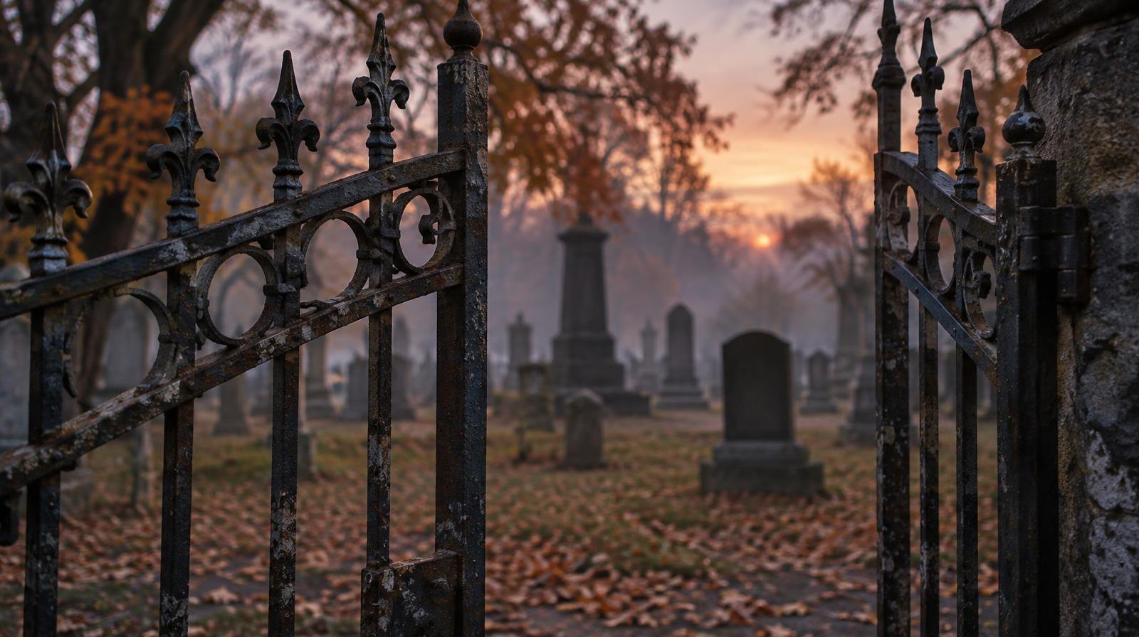 Weathered iron cemetery gate ajar at dusk with misty grave markers beyond.
