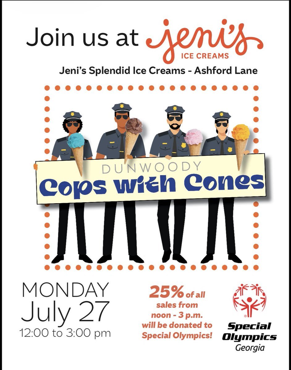 Promotional flyer showing illustrated police officers holding ice cream cones for a fundraiser event.