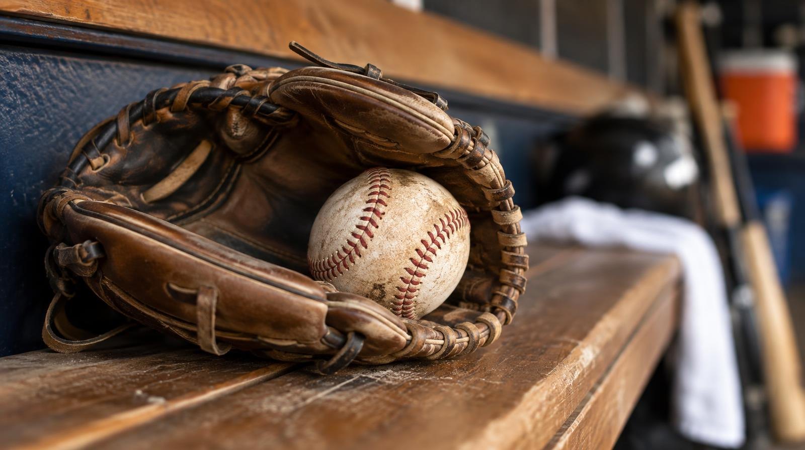 A worn leather baseball glove and baseball resting on a wooden bench.