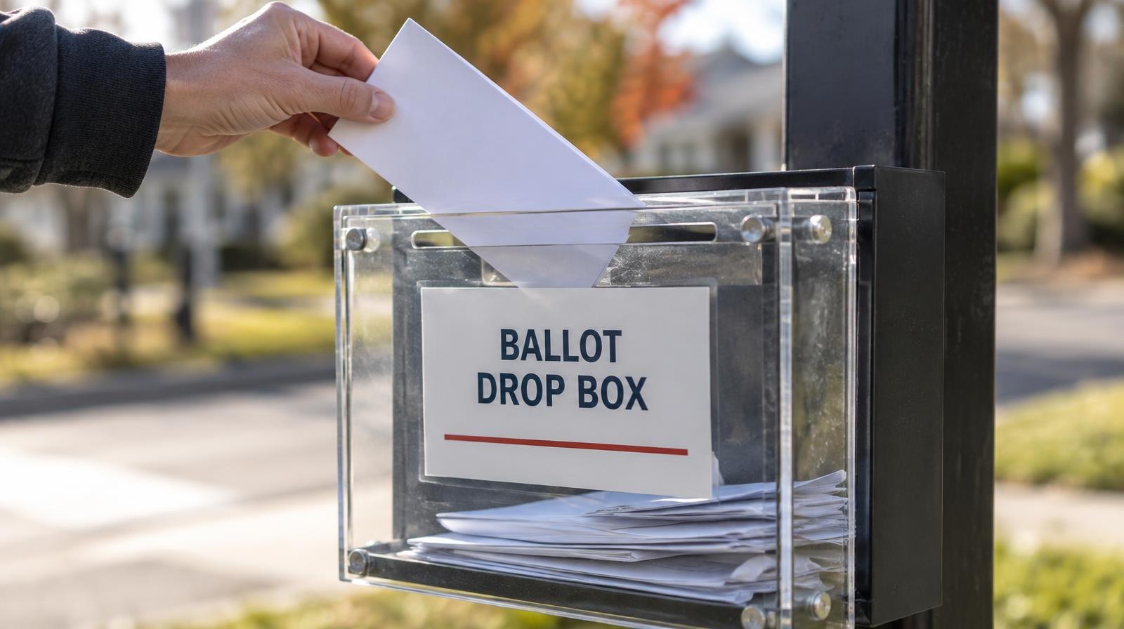 A ballot envelope being dropped into a clear glass outdoor ballot drop box.