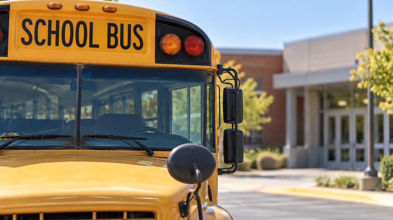 Yellow school bus parked in front of a school building entrance on a sunny day.
