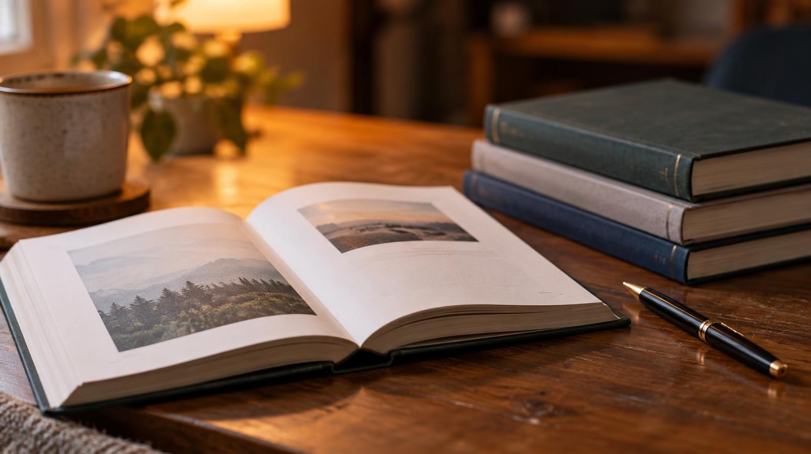 An open hardcover book on a wooden table beside a pen and stacked copies.