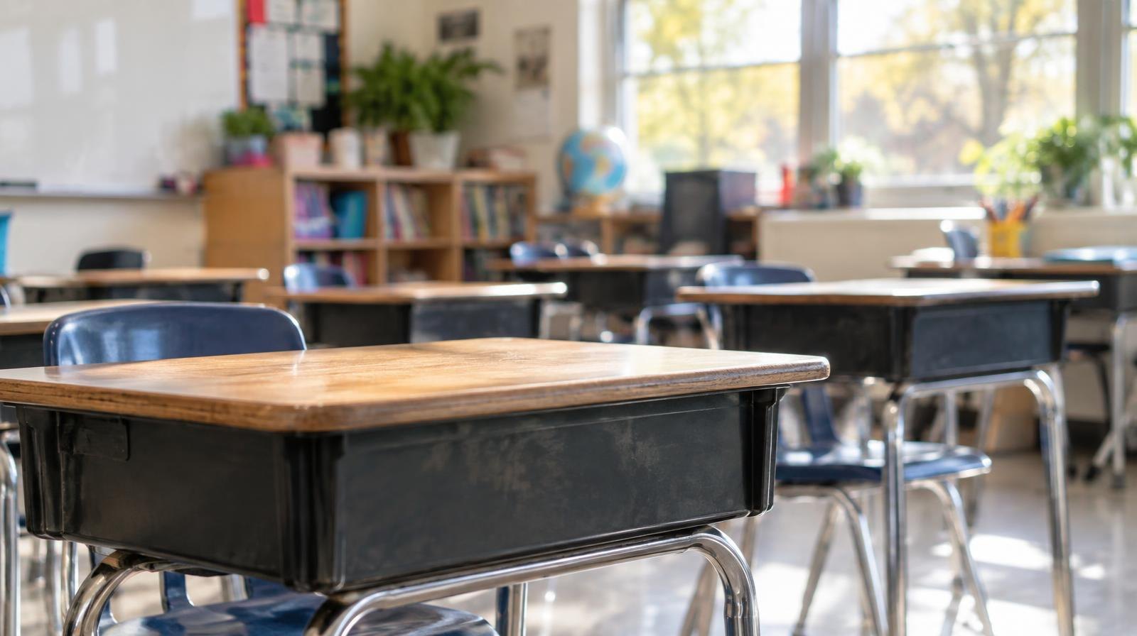 Rows of empty student desks in a bright, sunlit school classroom.