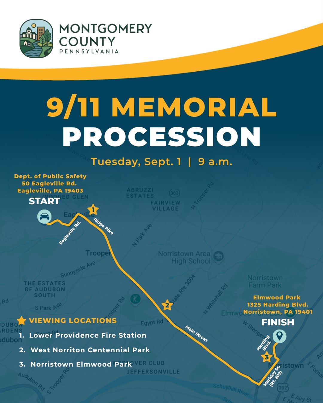 Event flyer showing a map of the 9/11 Memorial Procession route with three viewing locations.