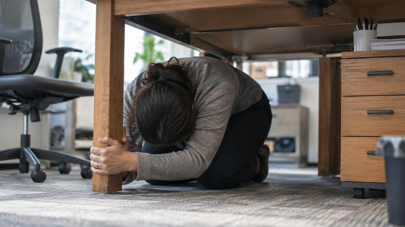Person crouched under a wooden desk on hands and knees indoors.