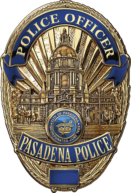 Gold and blue police badge with city seal and text reading Police Officer and Pasadena Police.