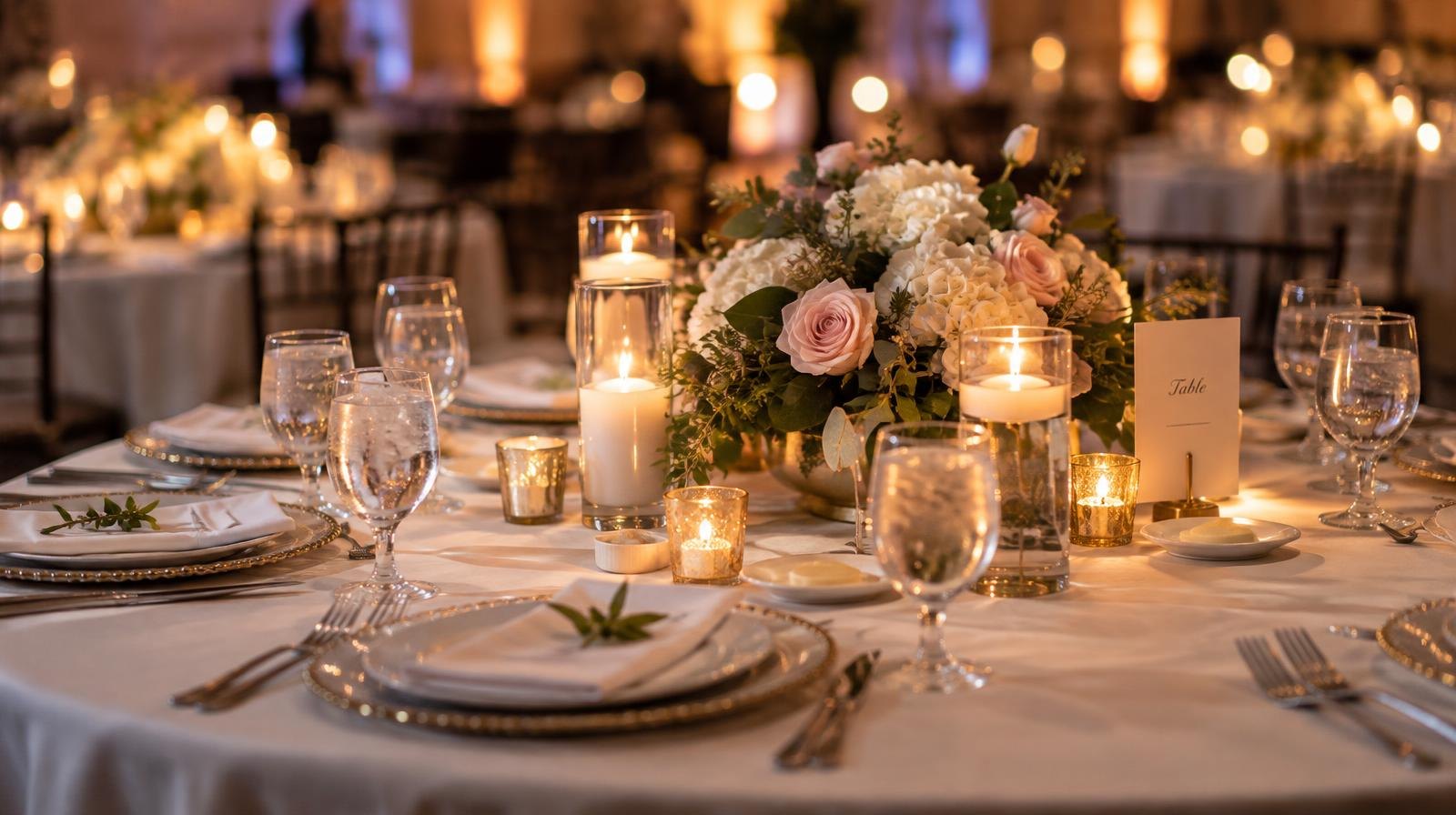 Elegantly set round banquet table with white linens, candles, and floral centerpiece.