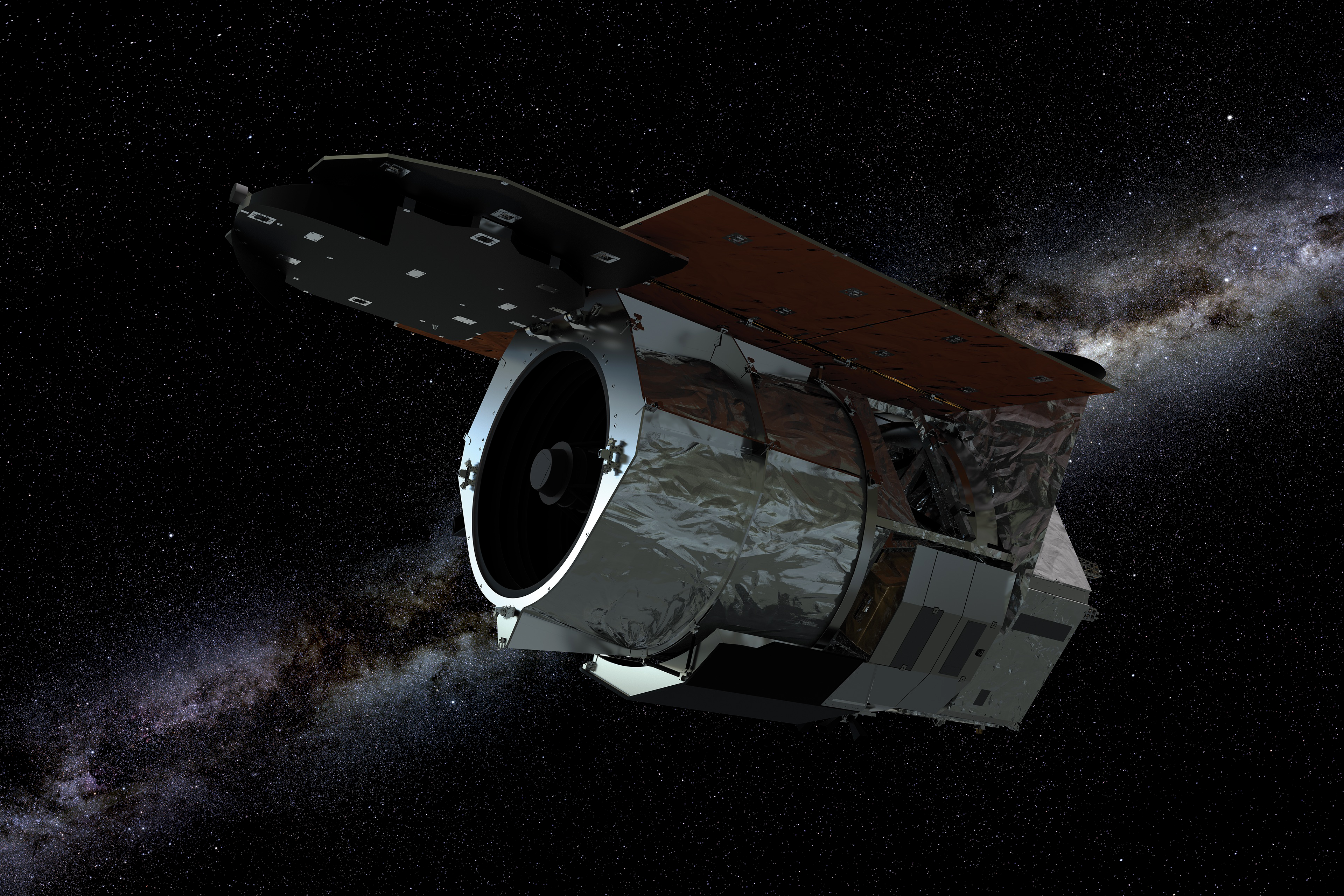 Artist's rendering of the Roman Space Telescope spacecraft in orbit with the Milky Way in the background.