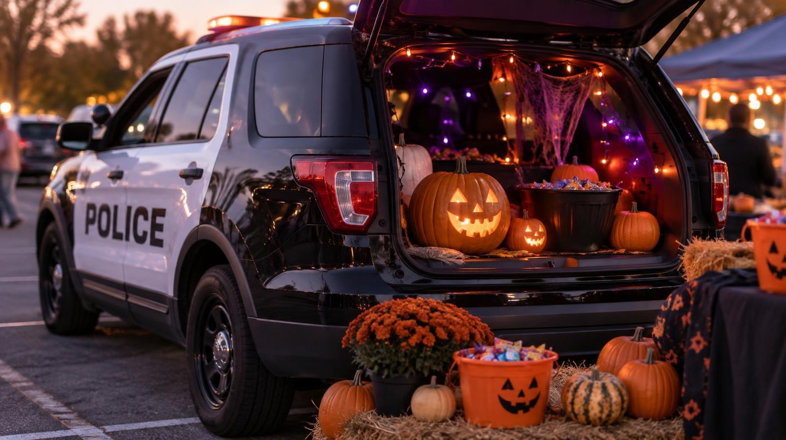 Decorated police SUV with pumpkins and candy buckets under Halloween lighting.