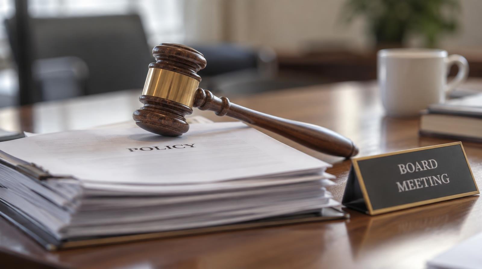 Wooden gavel resting beside a nameplate on a conference table.