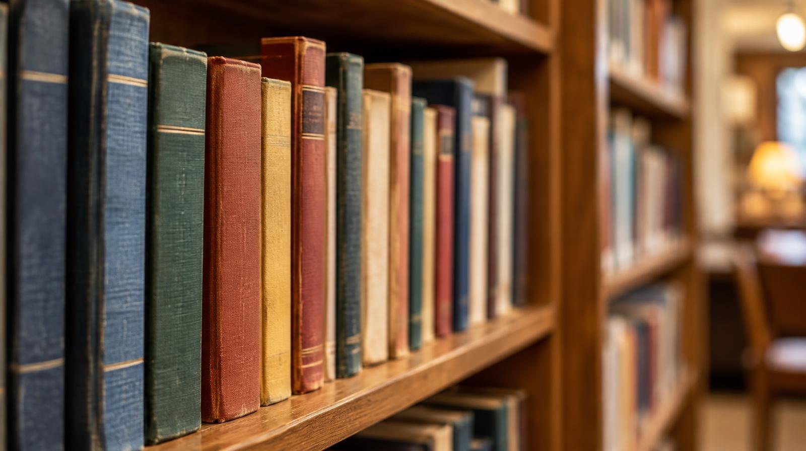 A row of colorful hardcover books standing upright on a wooden library shelf.