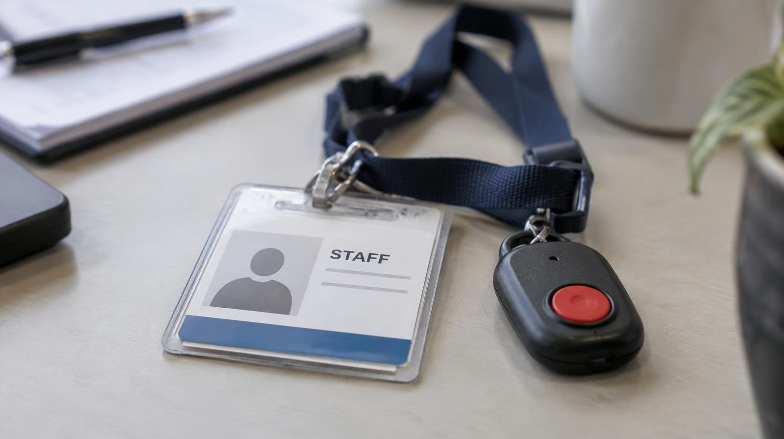 A staff ID badge on a lanyard with a small alert button resting on a surface.