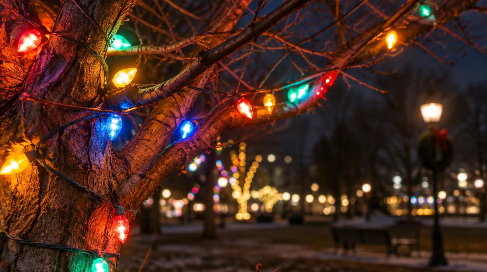 Colorful holiday lights strung through bare tree branches at night.