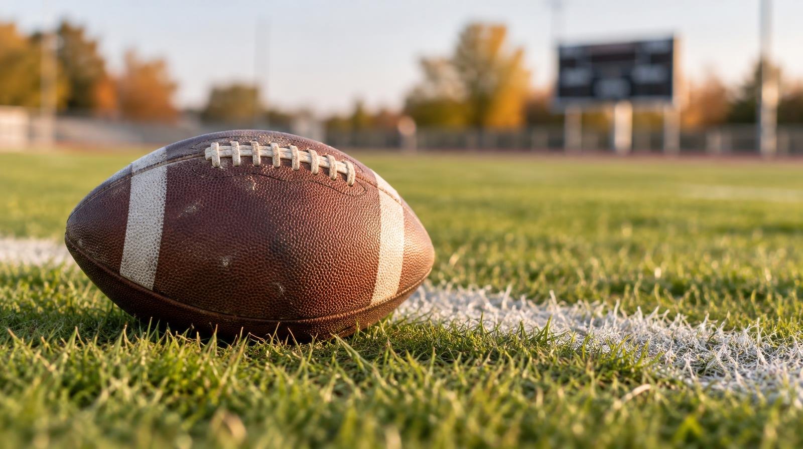 An American football resting on green grass beside a white yard line.