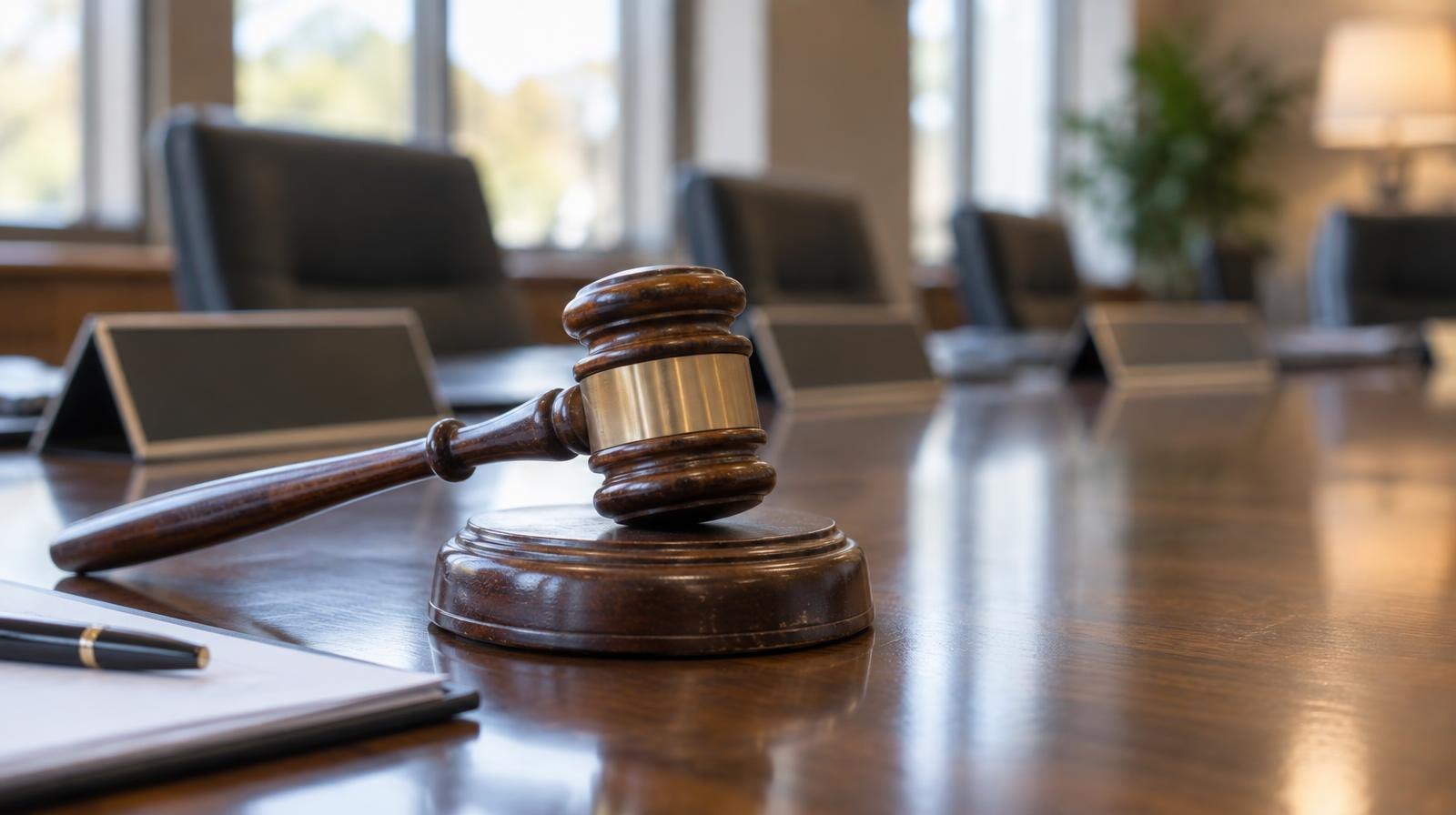 Wooden gavel resting on its sound block on a polished conference table.