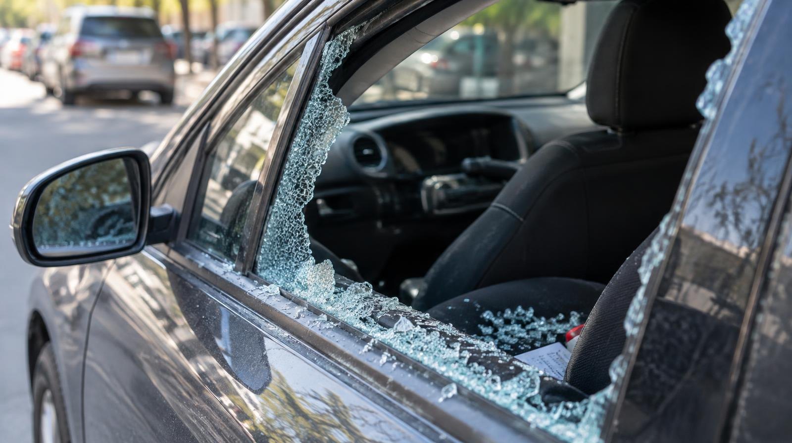 A car door window smashed with broken glass scattered on the seat inside.