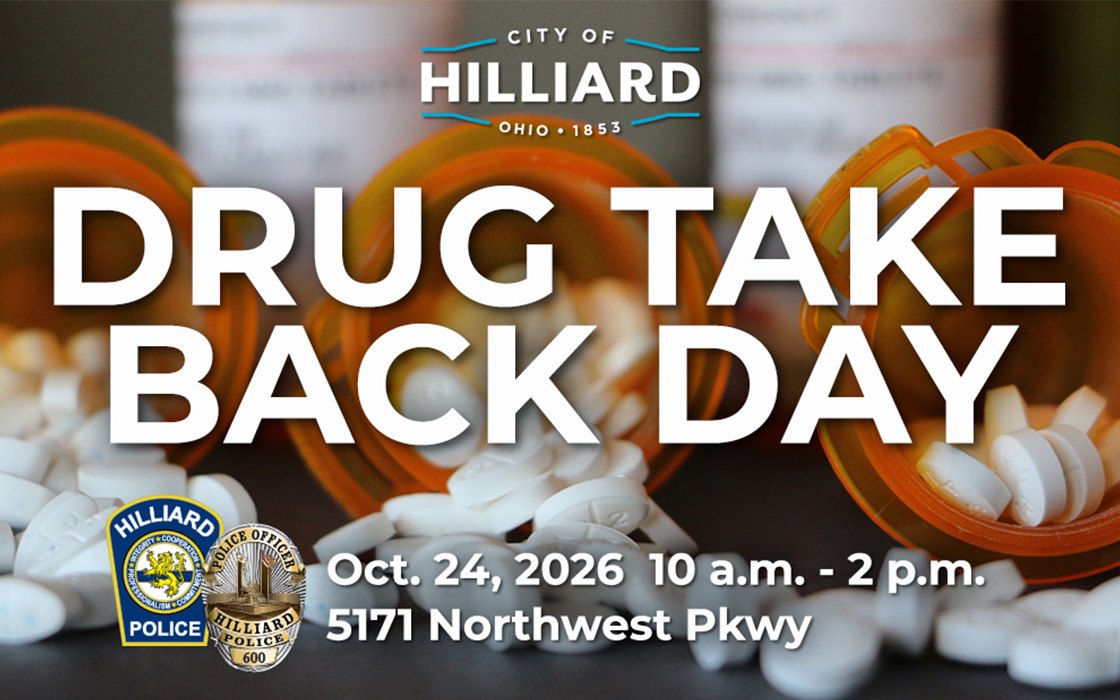 Promotional flyer for Hilliard Drug Take Back Day showing pill bottles and event details.