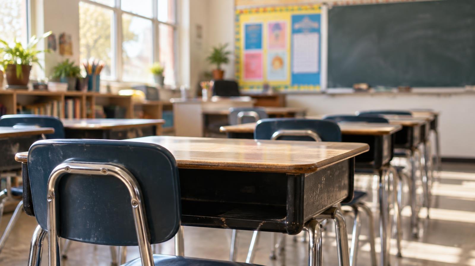 Empty student desks and chairs in a bright elementary school classroom.