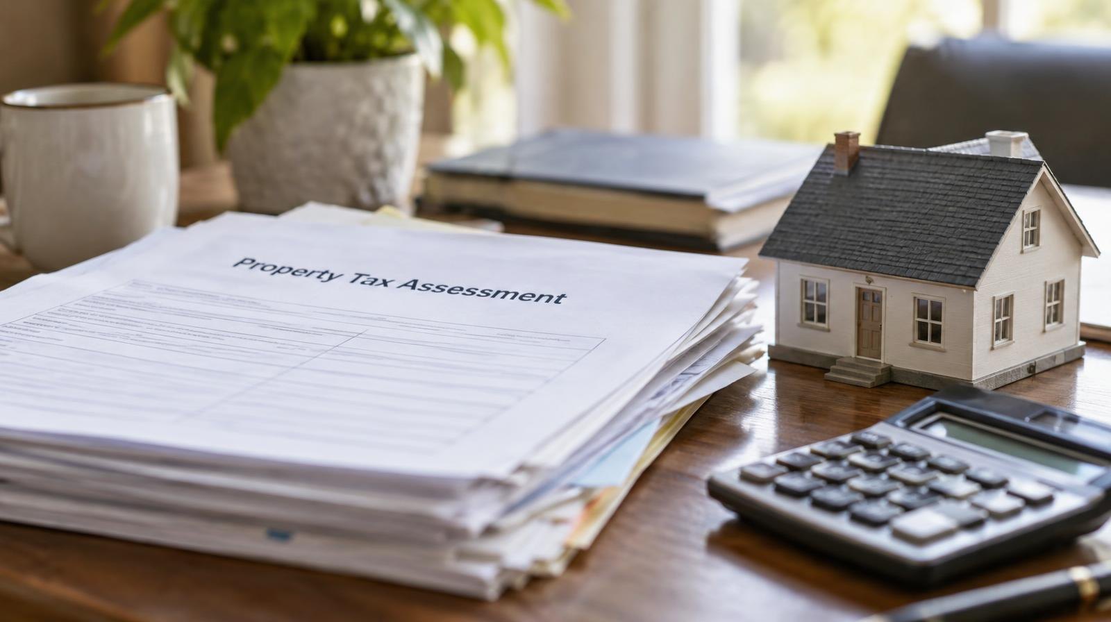 Property tax documents, a small model house, and a calculator on a desk.