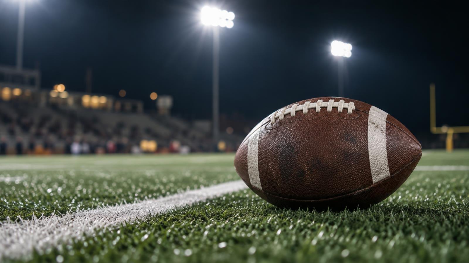 An American football on green turf beside a white yard line under bright lights.