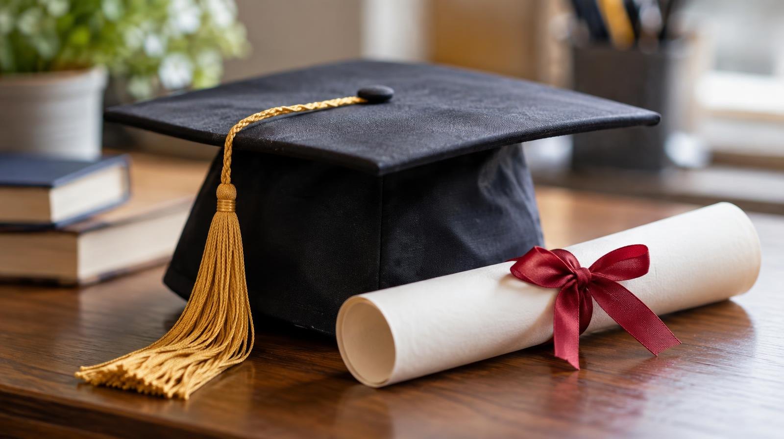 Mortarboard graduation cap and rolled diploma tied with ribbon on a wooden surface.