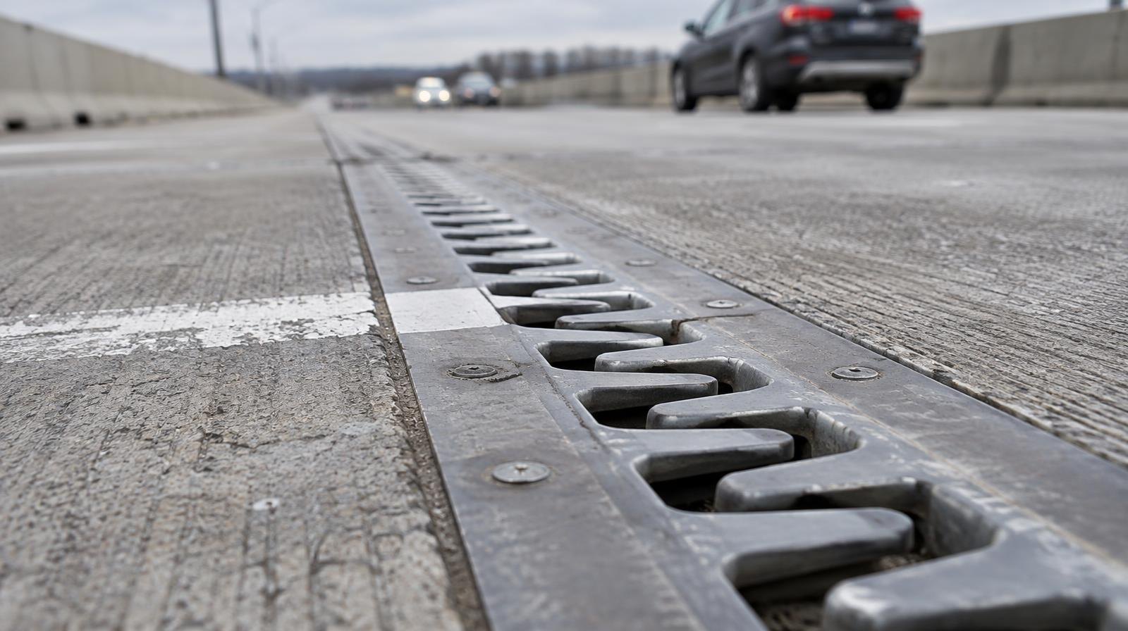 Close-up of a steel finger expansion joint between two sections of a bridge deck.