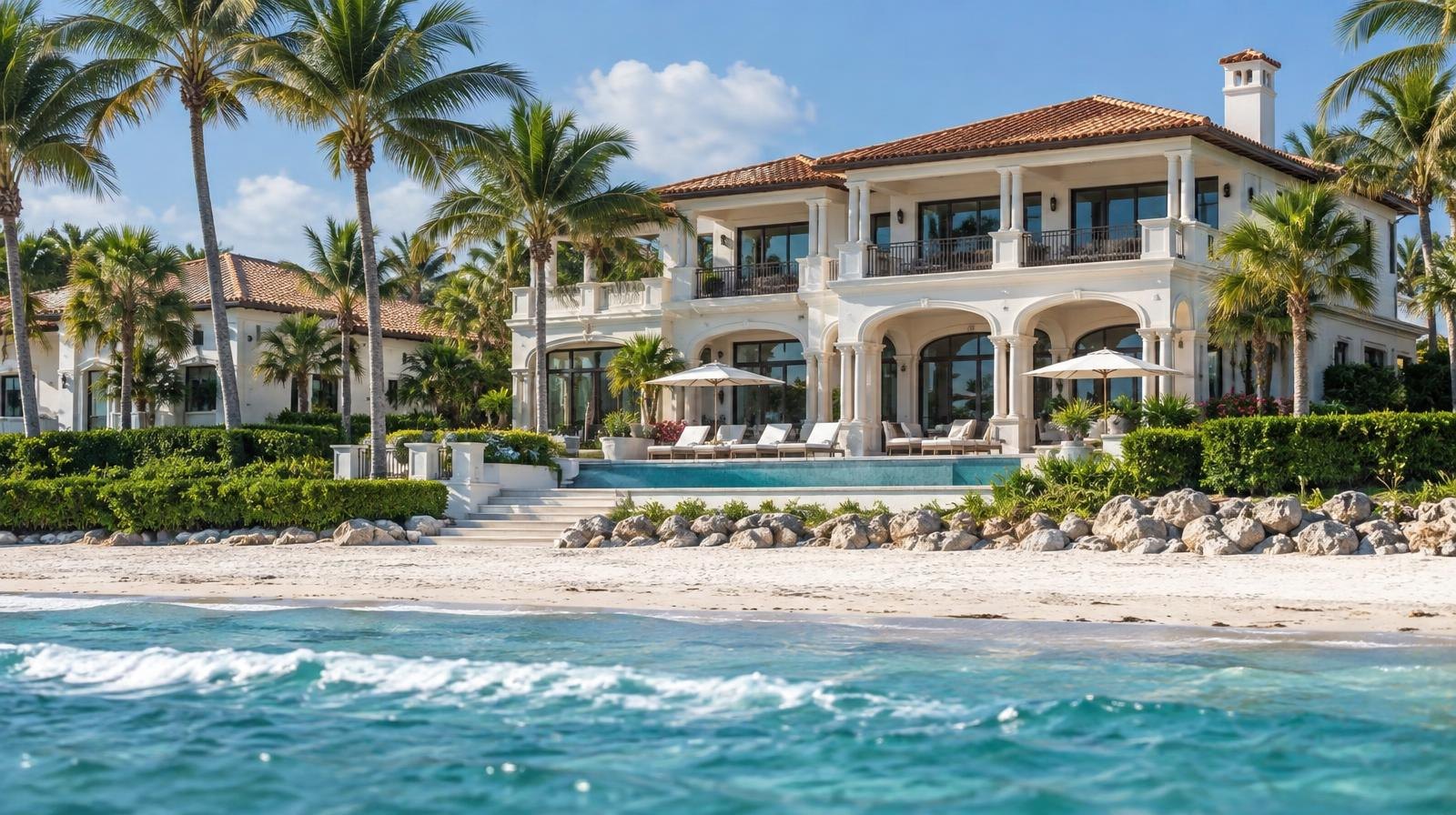 Large luxury mansion with pool and manicured grounds beside the ocean.