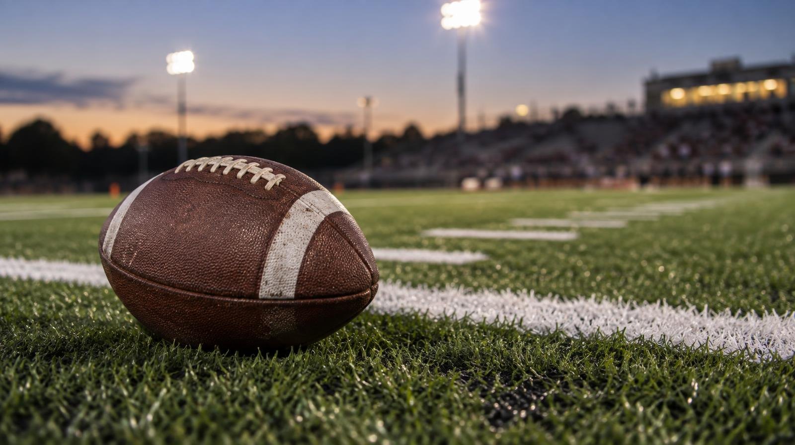An American football lying on green artificial turf beside a white yard line.